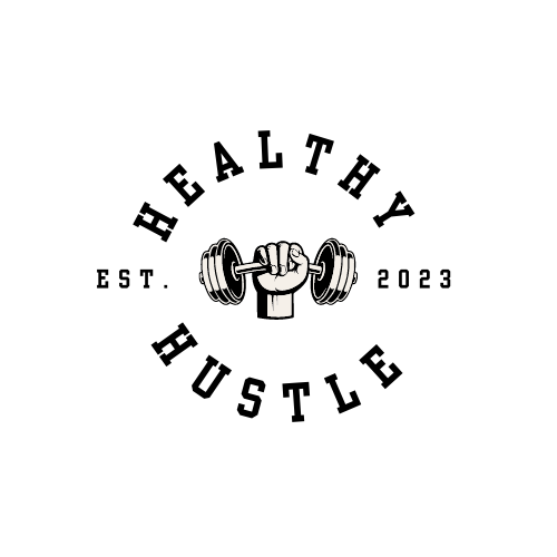 Logo for 'Healthy Hustle' with a hand holding a barbell on a white background